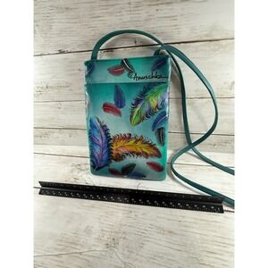 Anuschka Hand Painted Leather Crossbody Bag Teal Feather Organizer Purse